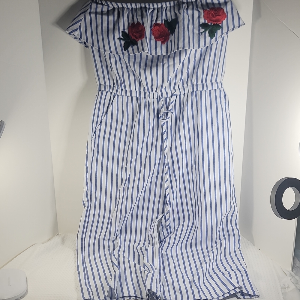 Off-Shoulder Blue & White Striped Jumpsuit with Red Rose Embroidery